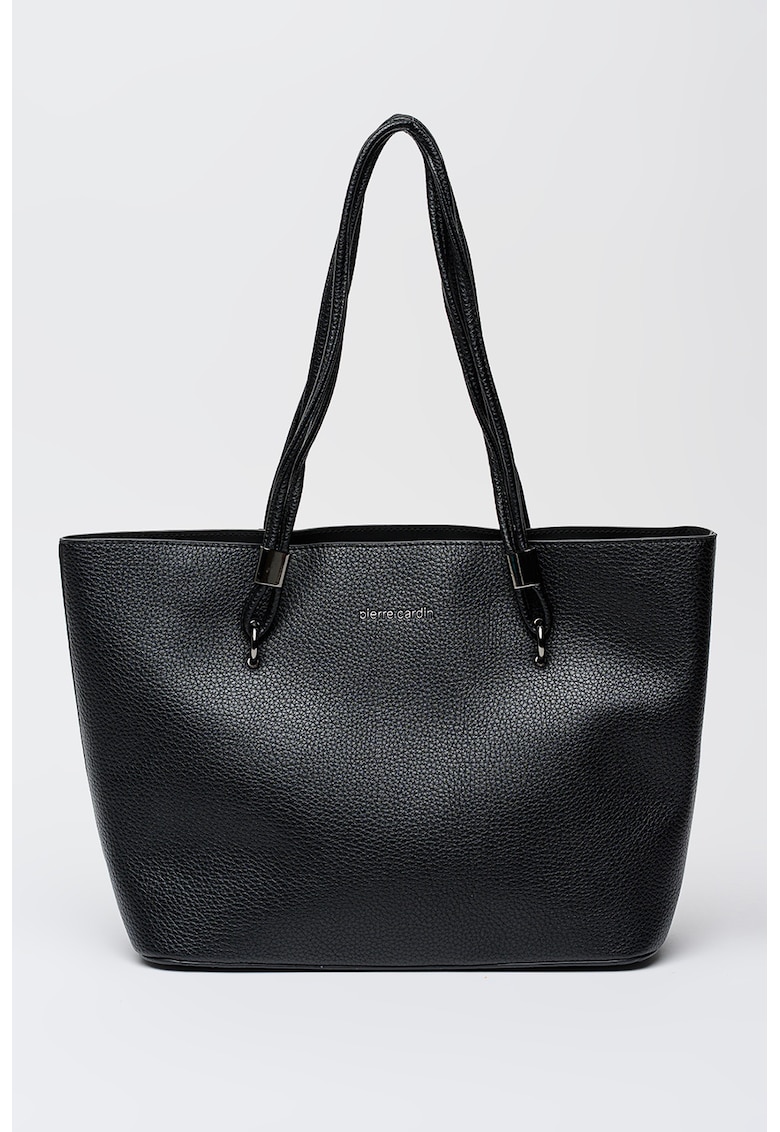 Geanta shopper din piele ecologica cu imprimeu logo discret - Negru