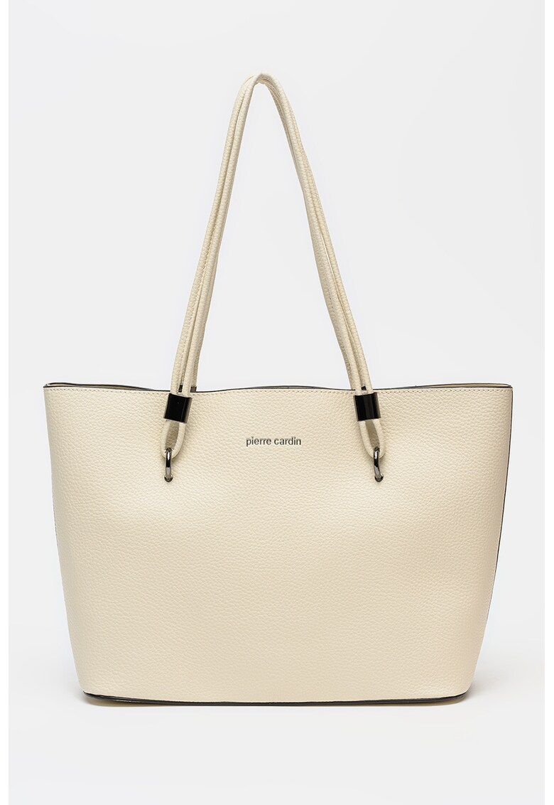Geanta shopper din piele ecologica cu imprimeu logo discret - Crem