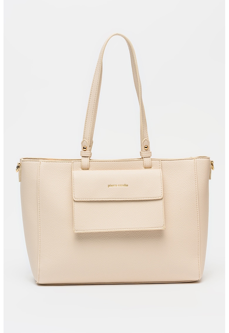 Geanta shopper din piele ecologica cu buzunar frontal cu clapa - Crem