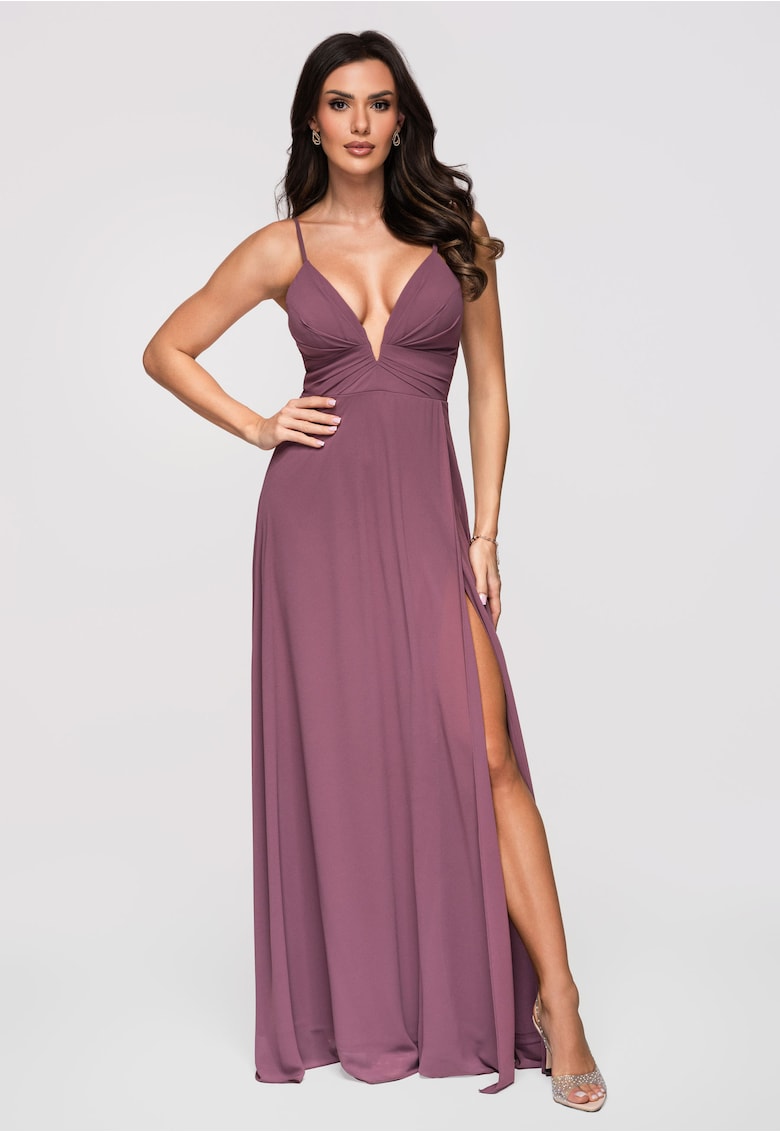 Rochie Maxi de Seara Eleganta cu Decolteu Adanc si Bretele Subtiri Ajustabile - Mov