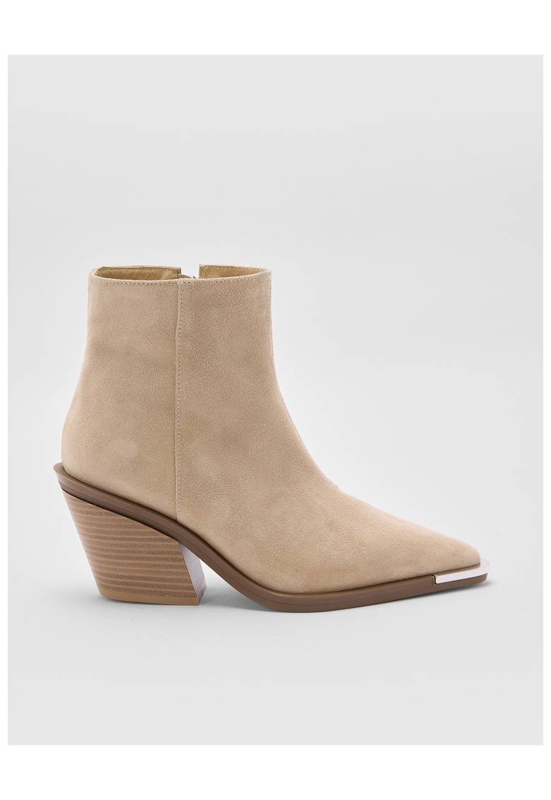 Botine din piele intoarsa cu toc cubanez - Bej