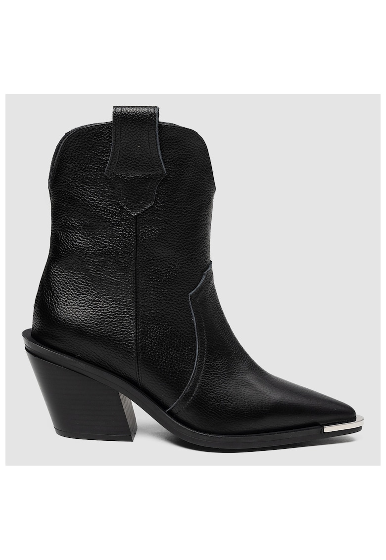 Botine din piele cu varf ascutit si toc cubanez - Negru - Negru