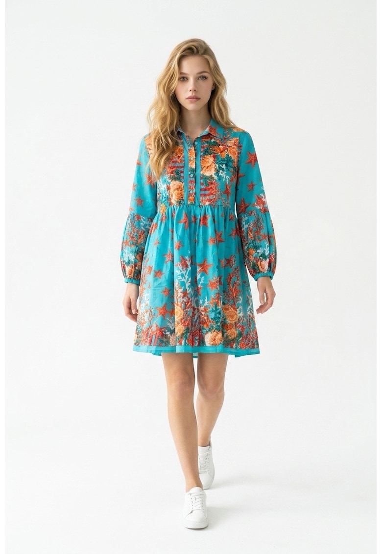 Rochie turcoaz cu imprimeu cu corali - Multicolor | Turcoaz