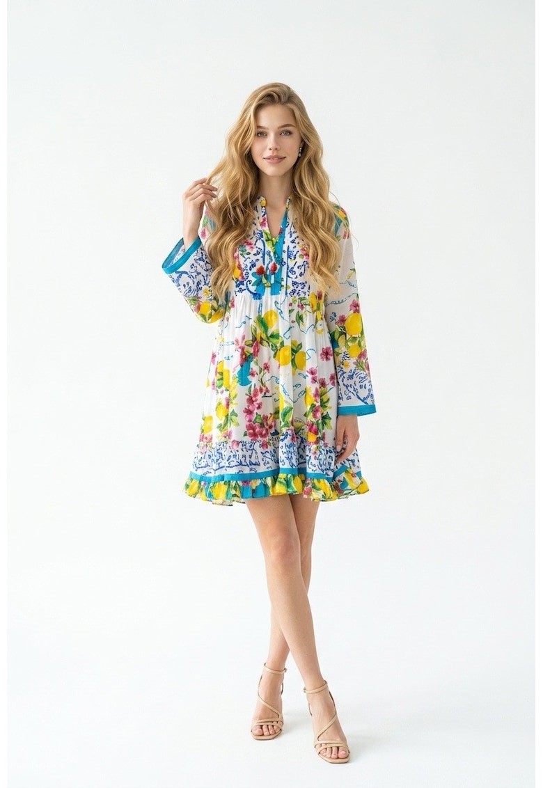 Rochie scurta de vara din bumbac cu imprimeu Amalfi - Multicolor | Turcoaz