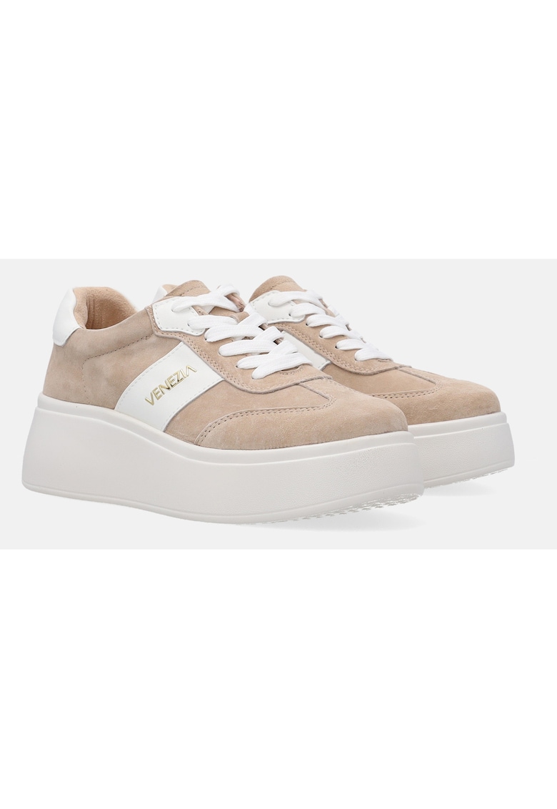 Pantofi sport din piele si piele intoarsa cu talpa wedge