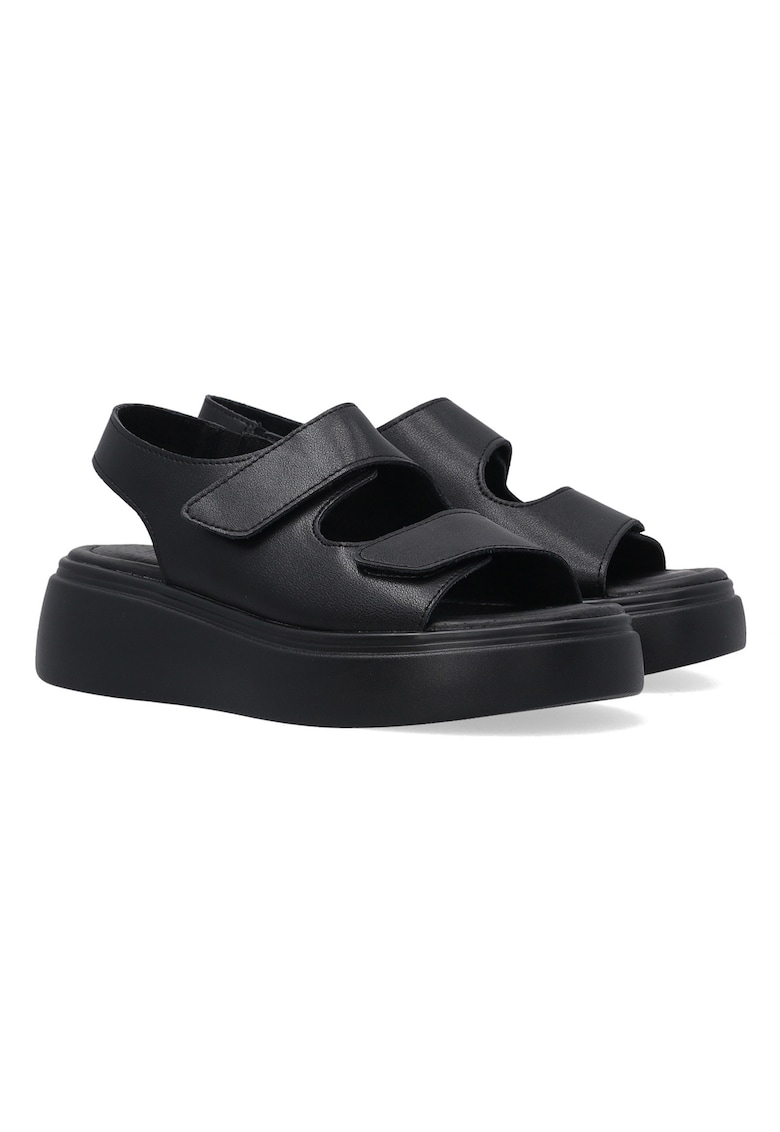 Sandale negre din piele cu platforma si inchidere cu velcro
