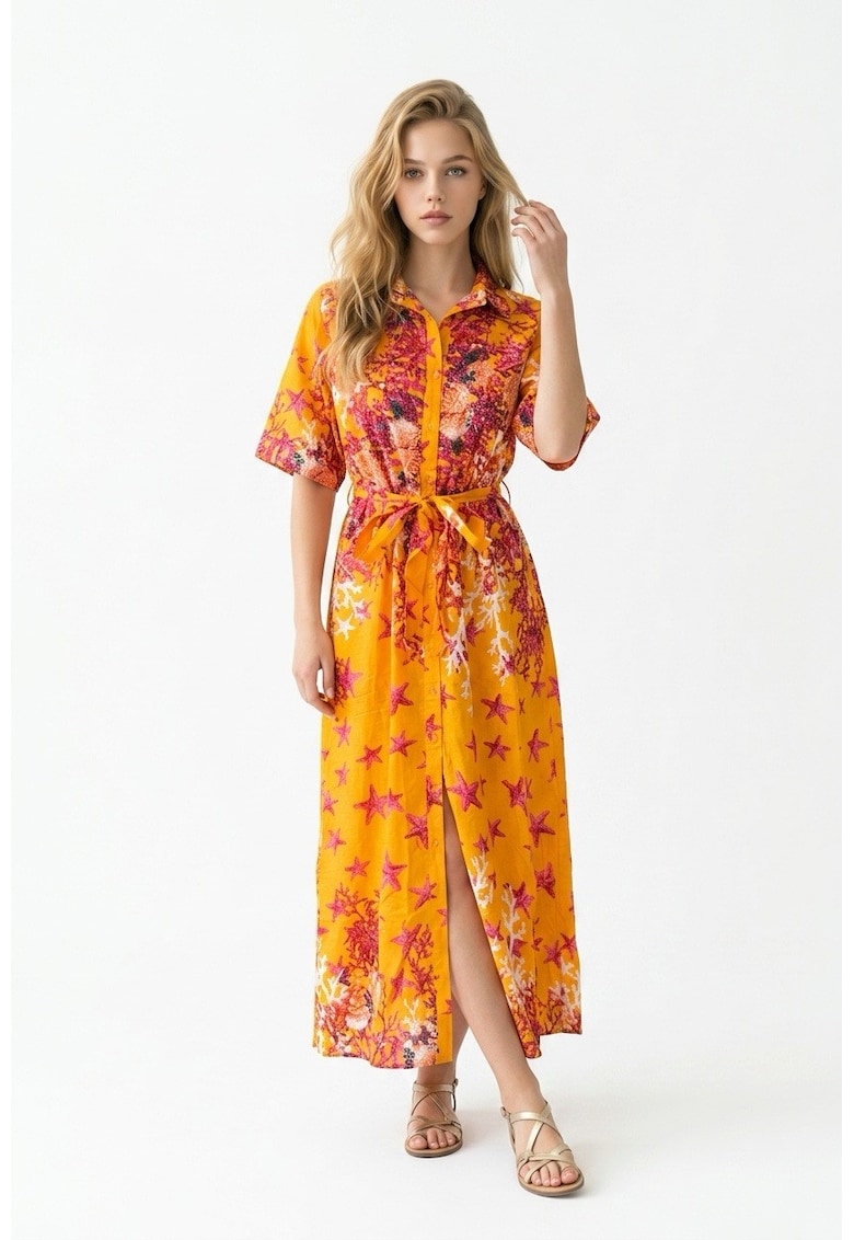 Rochie tip camasa midi de vara din bumbac cu imprimeu multicolor Amalfi - Portocaliu