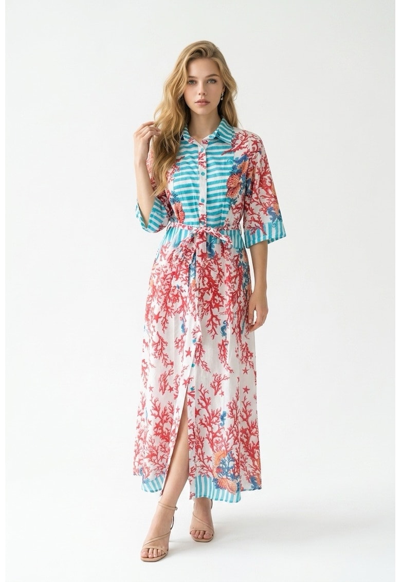 Rochie tip camasa midi de vara din bumbac cu imprimeu multicolor Amalfi - Rosu/Albastru
