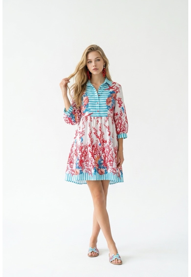 Rochie tip camasa scurta de vara din bumbac cu imprimeu multicolor Amalfi - Rosu/Alb/Albastru