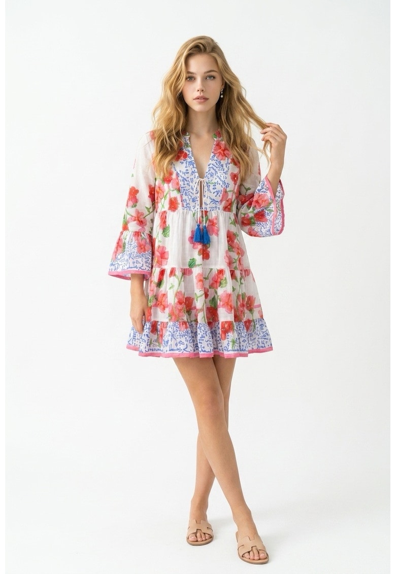 Rochie scurta de vara din bumbac cu imprimeu Amalfi - Rosu/Albastru