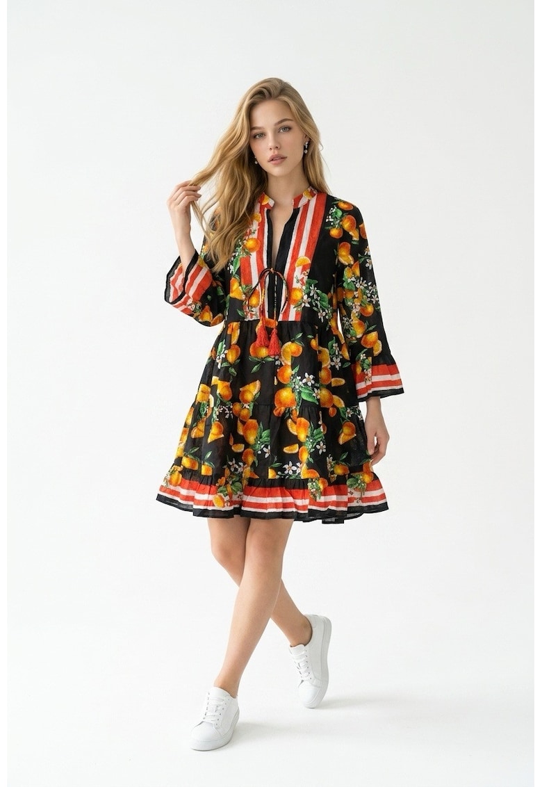 Rochie scurta de vara din bumbac cu imprimeu Amalfi - Negru/Portocaliu