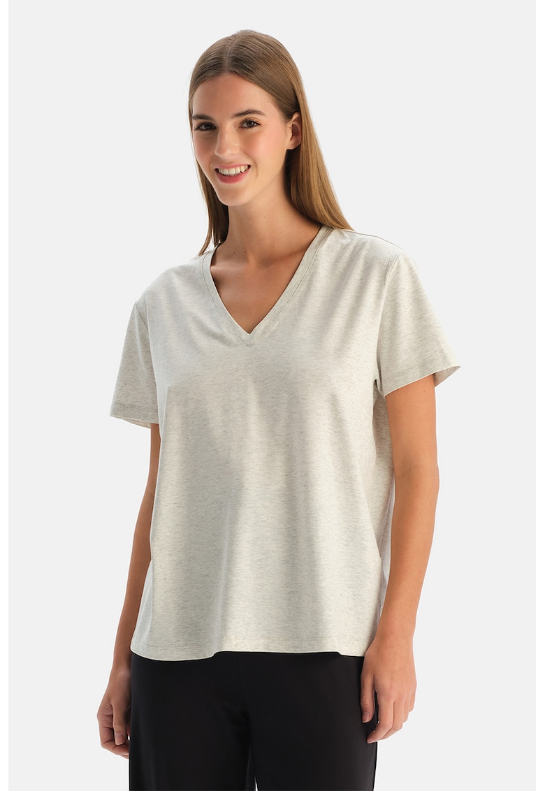 Tricou lejer din amestec de lyocell si bumbac cu decolteu in V - Crem