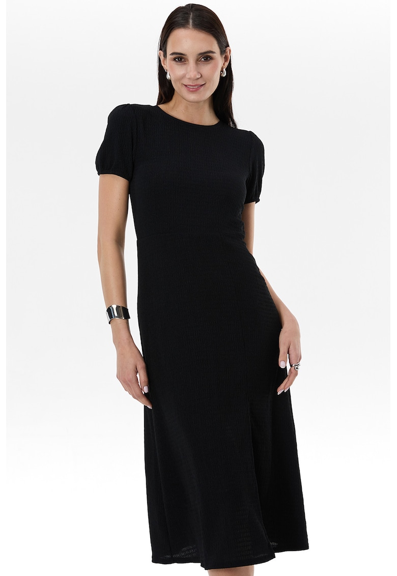 Rochie midi texturata cu slit frontal - Negru