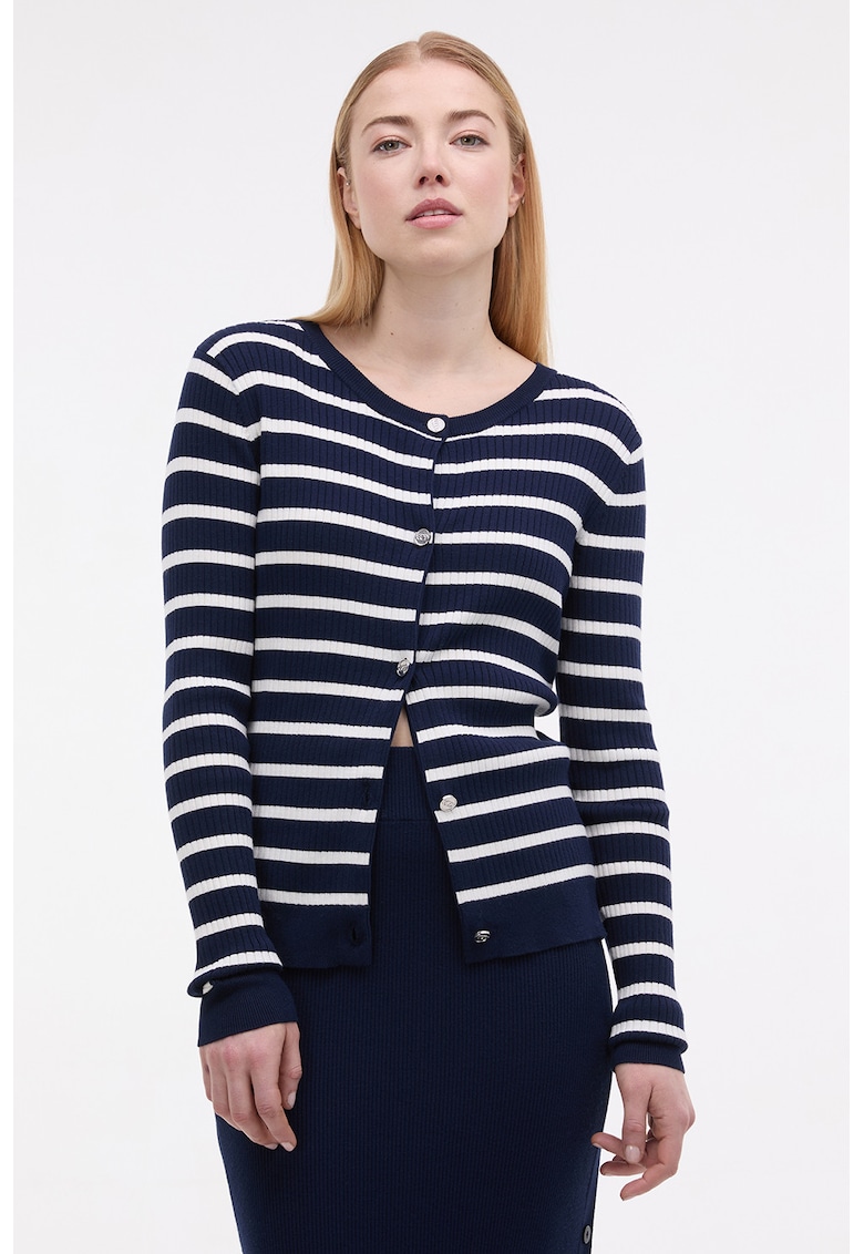 Cardigan cu model in dungi si nasturi - Alb/Bleumarin