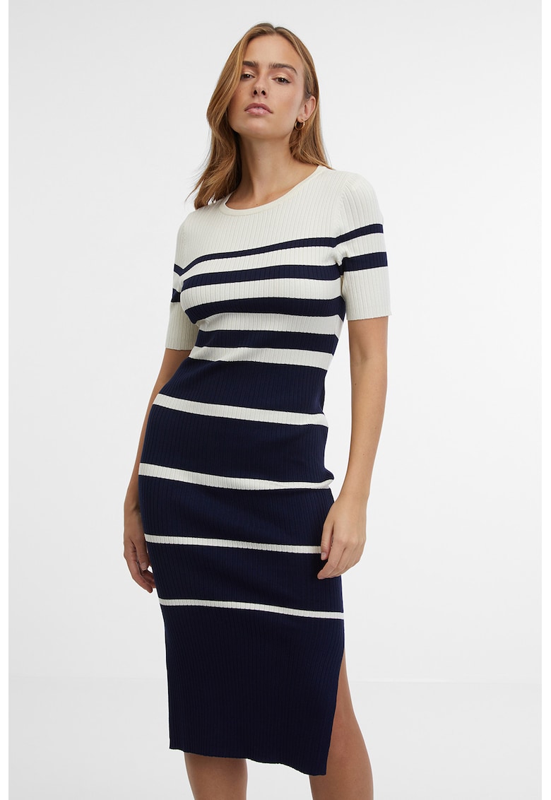 Rochie midi cu model in dungi si slit lateral - Alb/Bleumarin