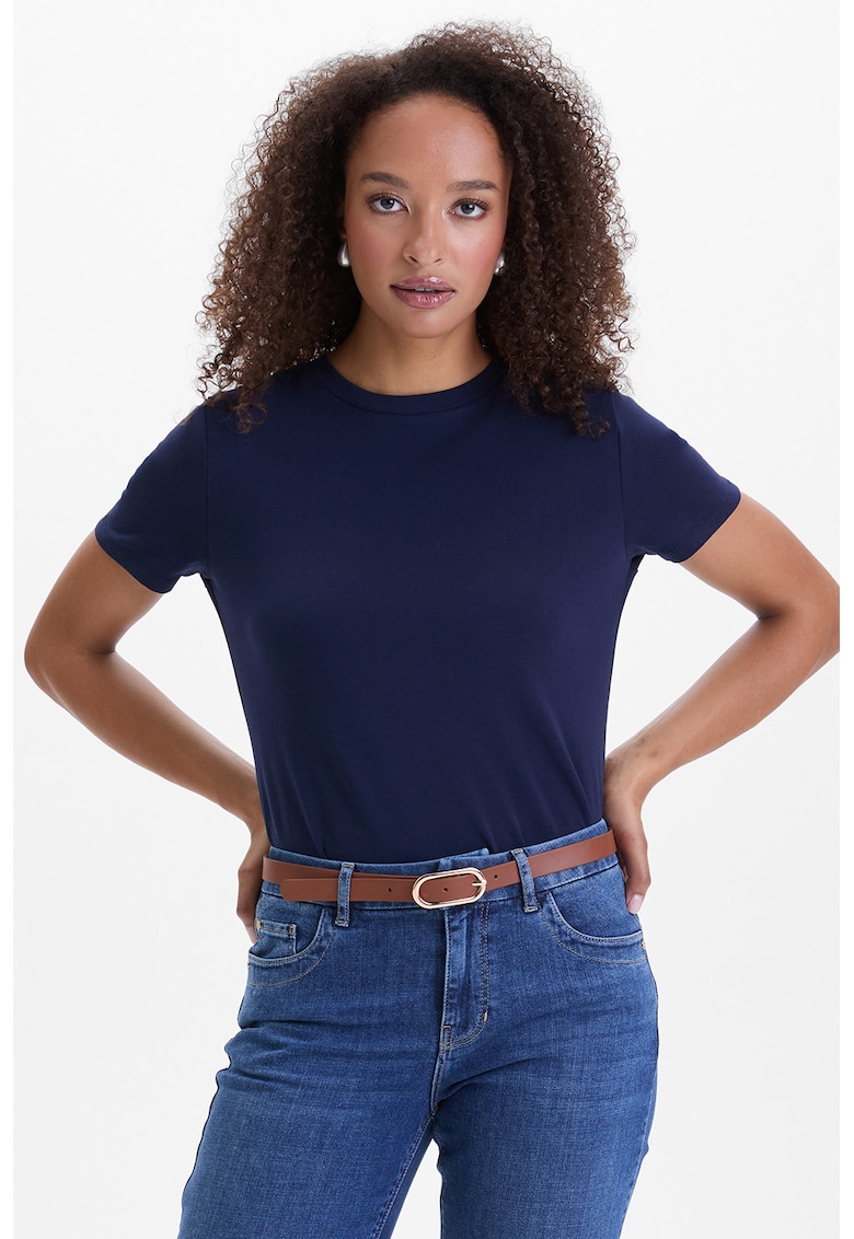 Tricou din amestec de bumbac cu decolteu la baza gatului - Bleumarin