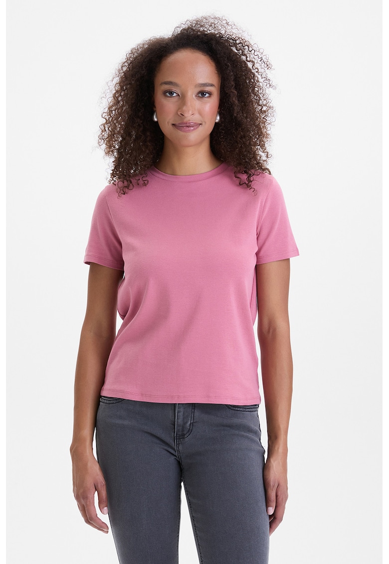 Tricou din amestec de bumbac cu decolteu la baza gatului - Roz