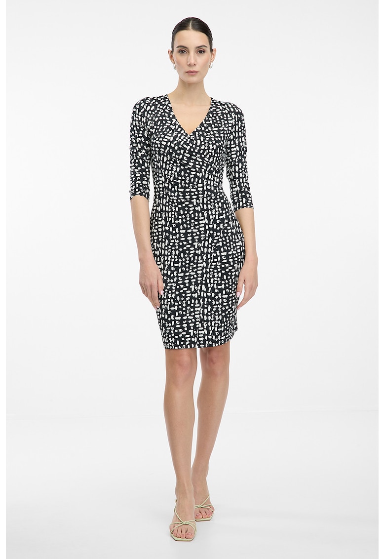 Rochie midi cambrata cu decolteu in V - Negru/Alb murdar