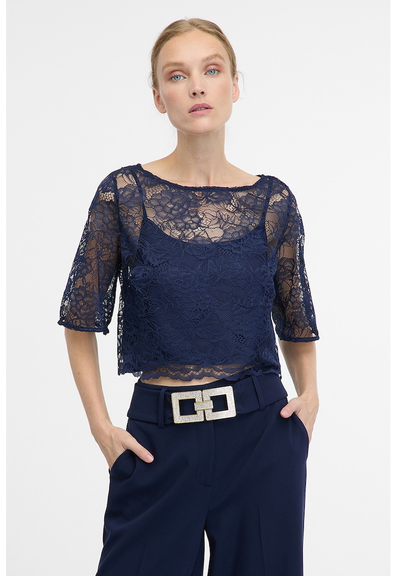 Bluza crop cu model floral - Bleumarin