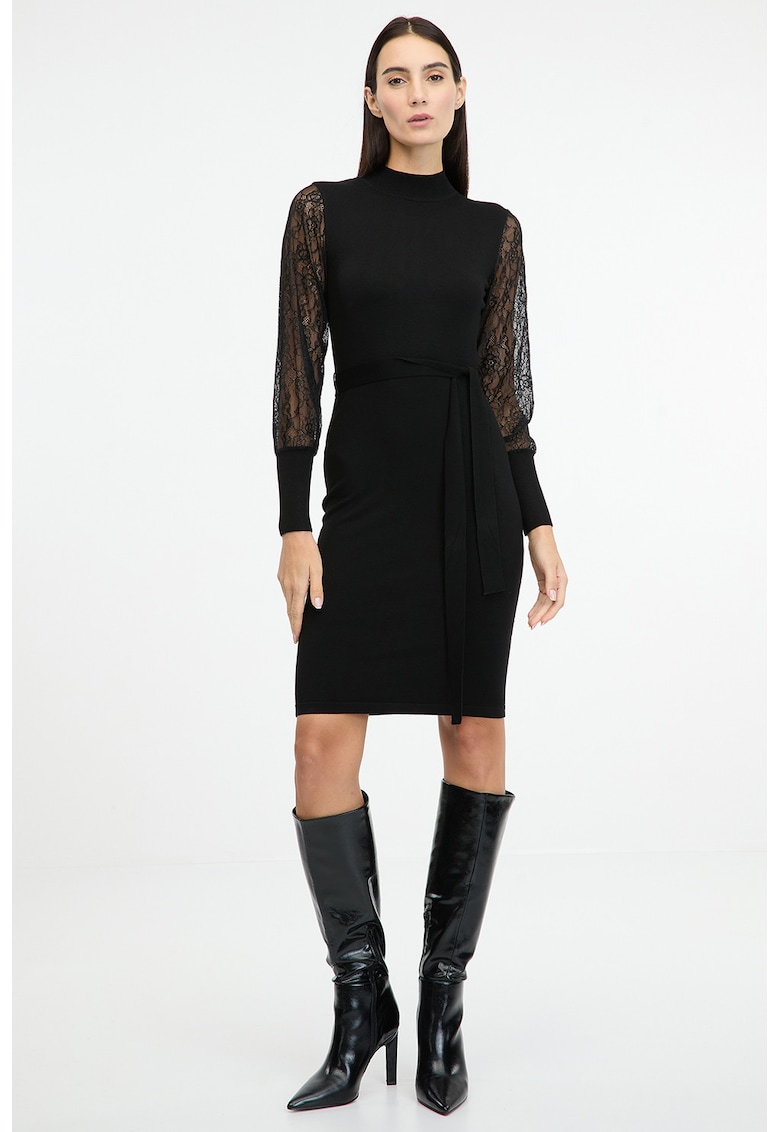 Rochie midi cu maneci din dantela - Negru