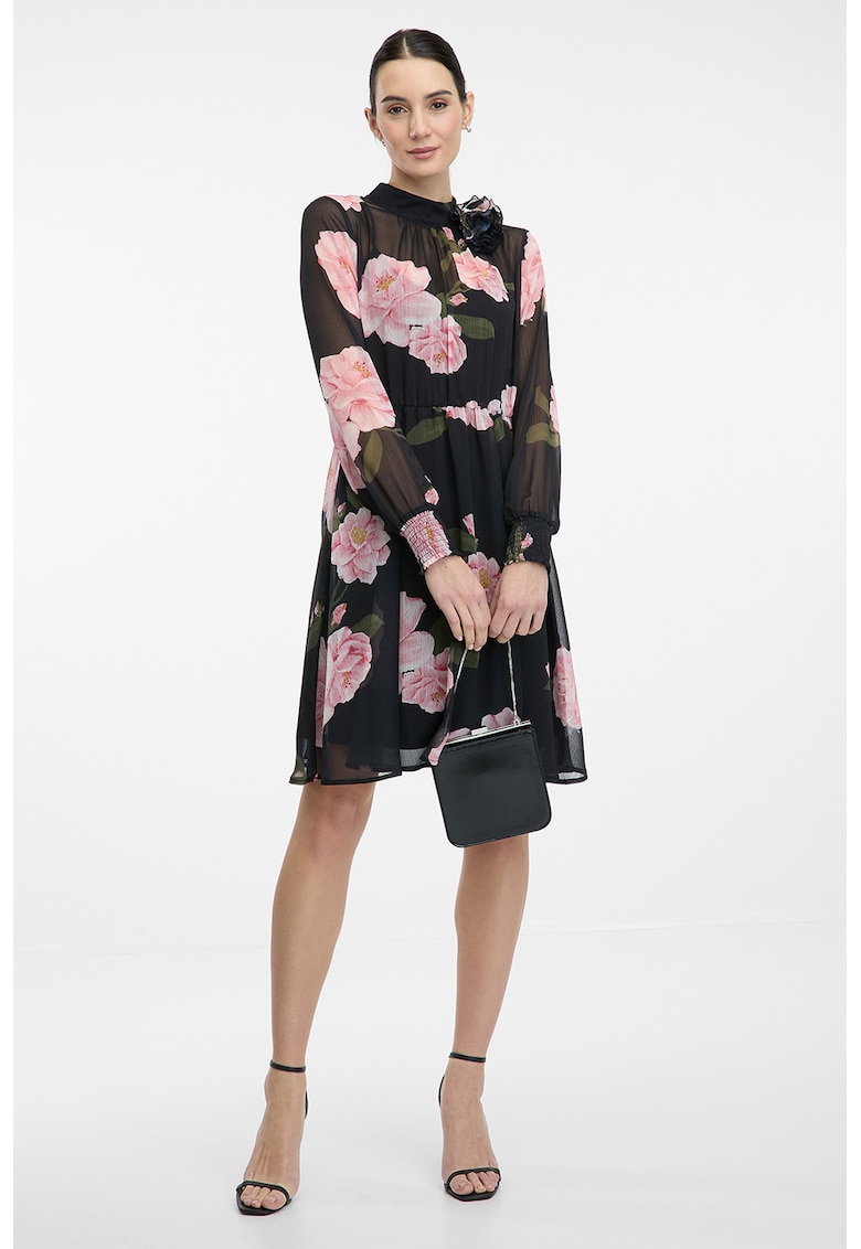 Rochie scurta vaporoasa cu model floral - Negru/Roz