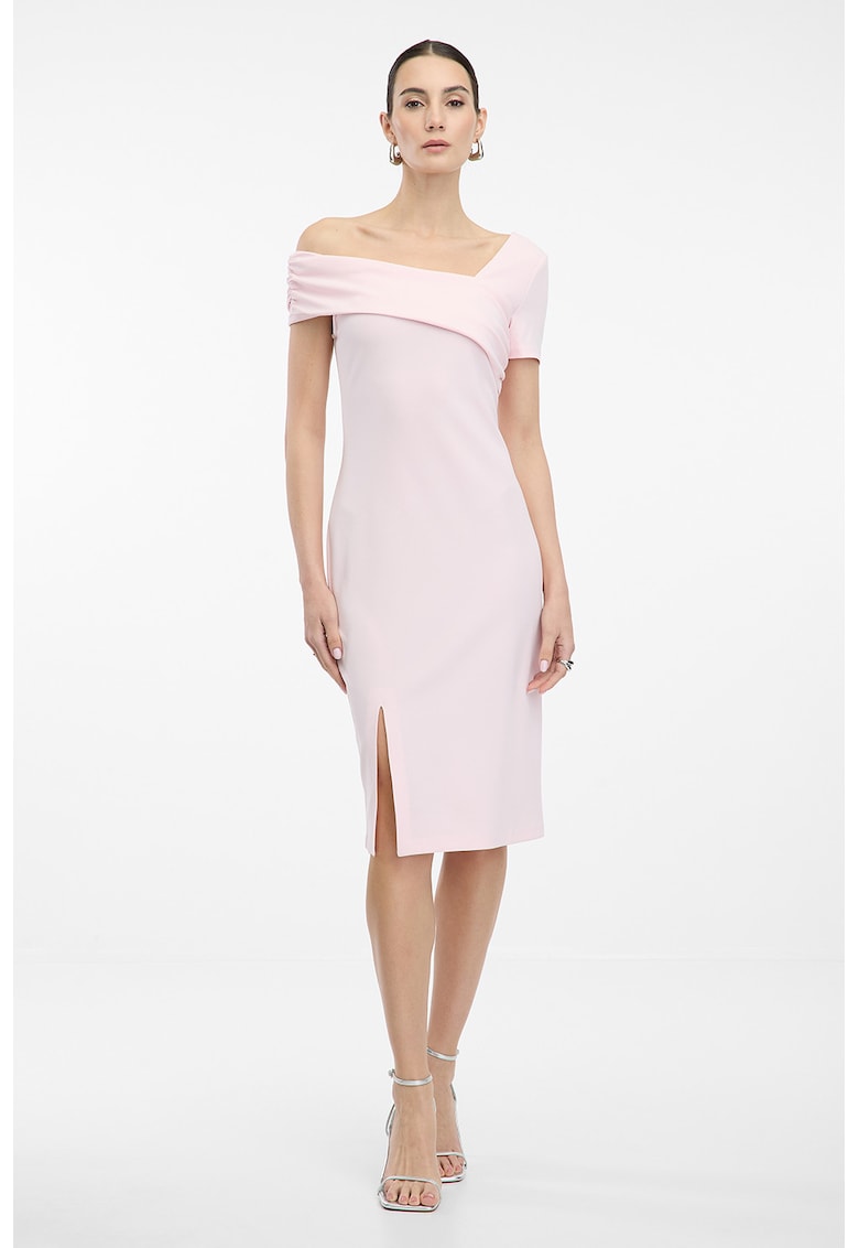 Rochie cambrata cu decolteu asimetric - Roz pastel