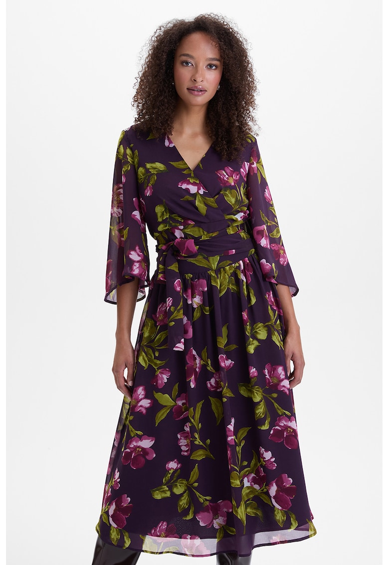 Bluza cu imprimeu floral si decolteu in V - Violet/Verde masliniu