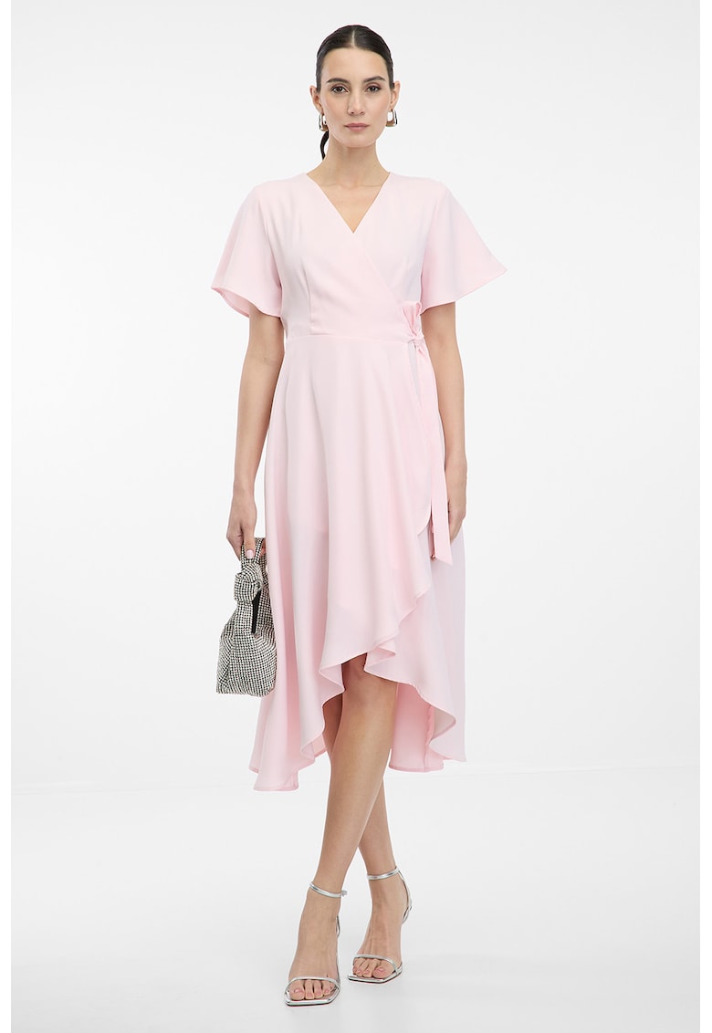 Rochie cu decolteu in V - model petrecut si terminatie asimetrica - Violet/Verde masliniu