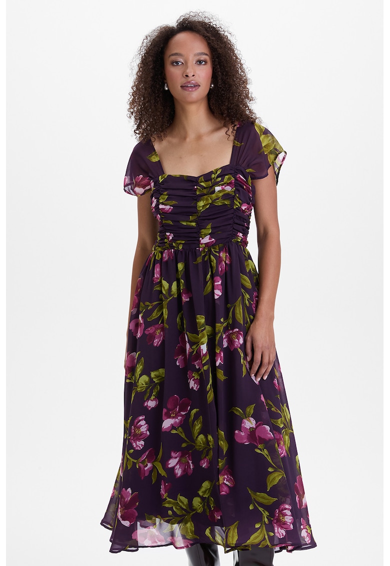 Rochie vaporoasa cu model floral - Violet/Verde masliniu