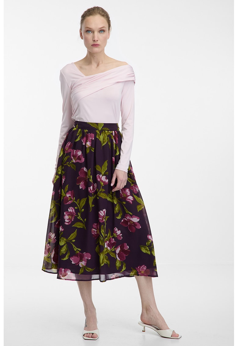 Rochie midi evazata cu model floral - Violet/Verde masliniu