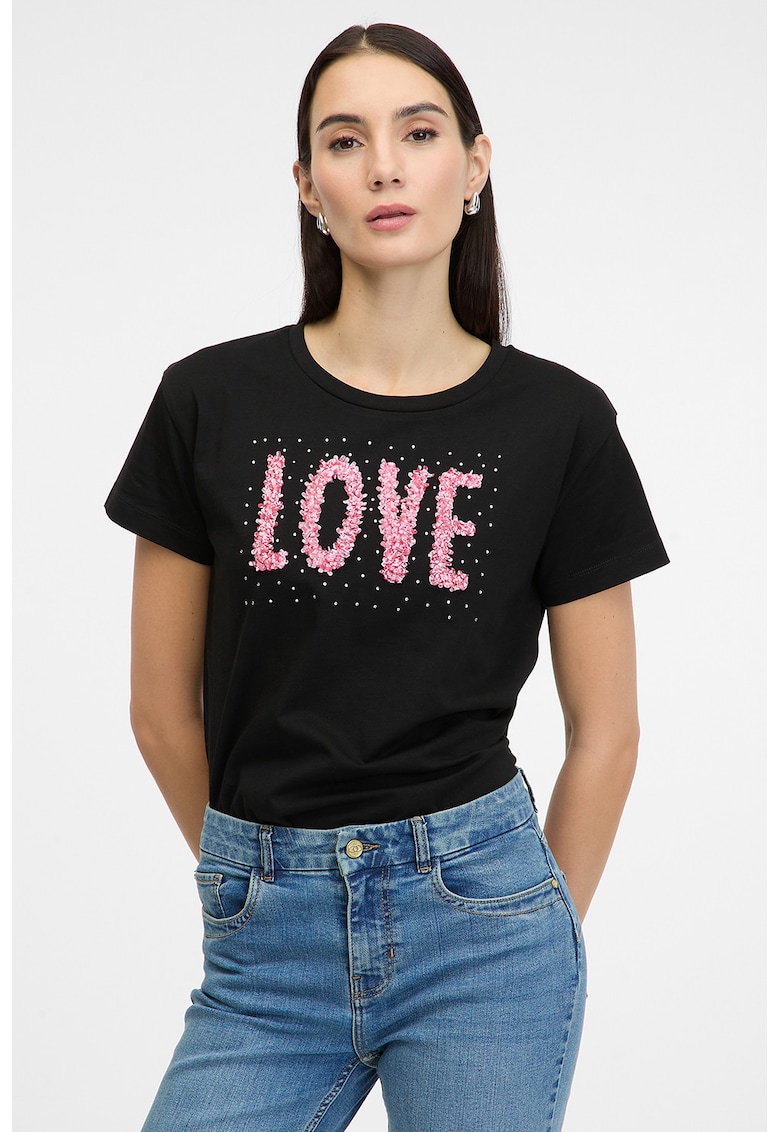 Tricou din bumbac cu imprimeu text si strasuri - Negru/Roz