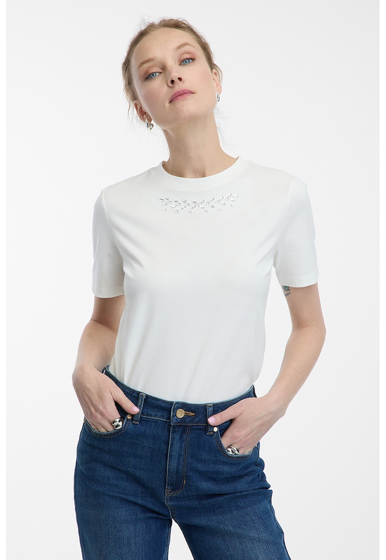 Tricou din amestec de bumbac cu decoratiuni in zona decolteului - Alb