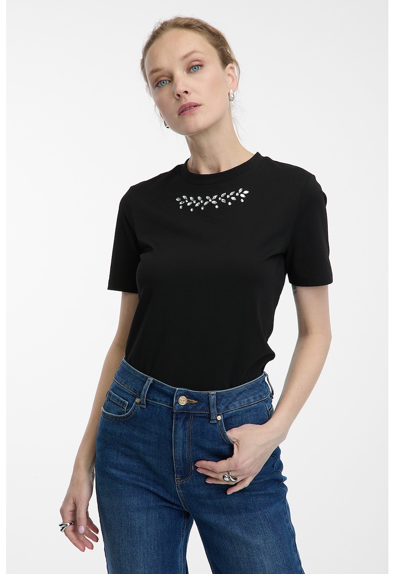 Tricou din amestec de bumbac cu decoratiuni in zona decolteului - Negru