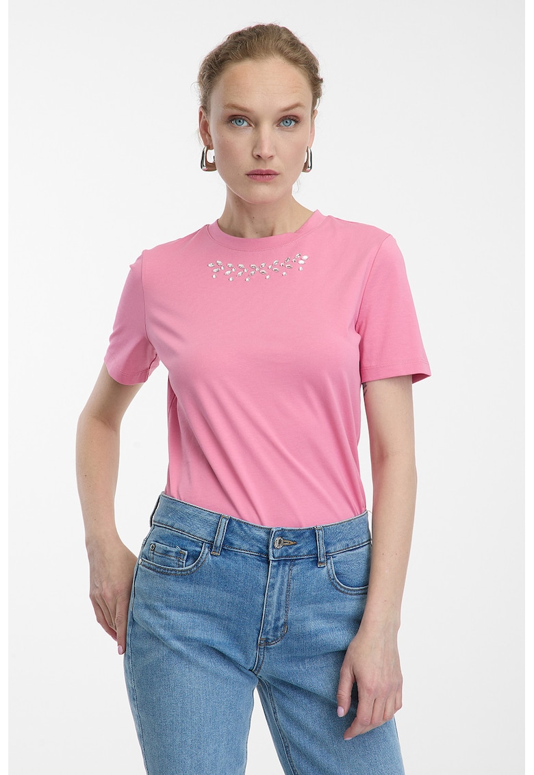 Tricou din amestec de bumbac cu decoratiuni in zona decolteului - Roz