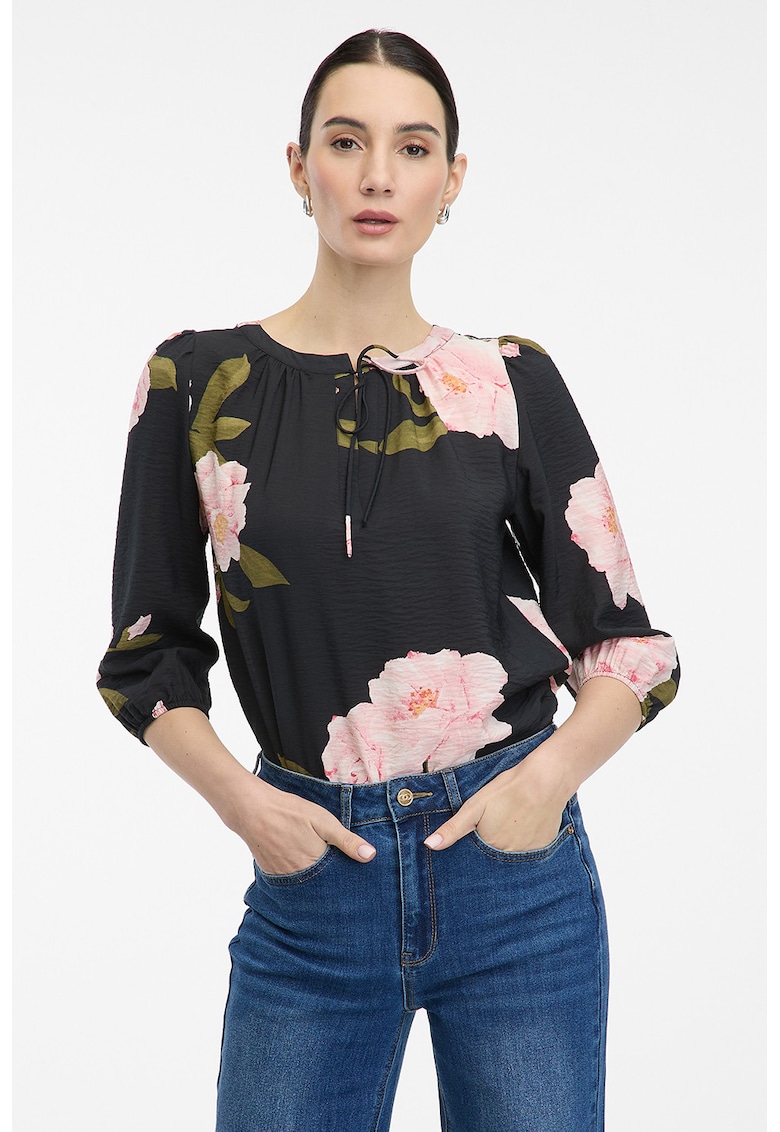 Bluza cu imprimeu floral si maneci 3/4 - Albastru ultramarin/Roz