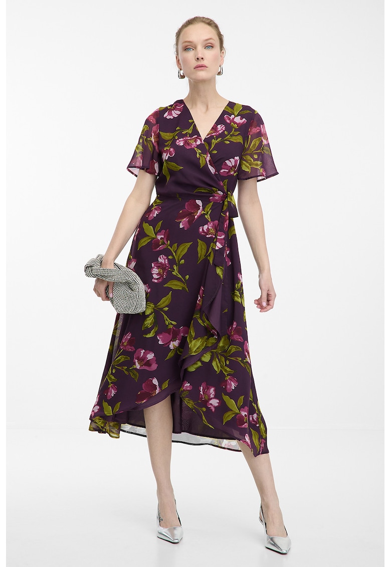 Rochie cu model floral si croiala petrecuta - Verde/Violet/Roz