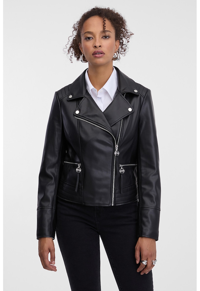 Jacheta biker din piele ecologica cu buzunare cu fermoar - Negru