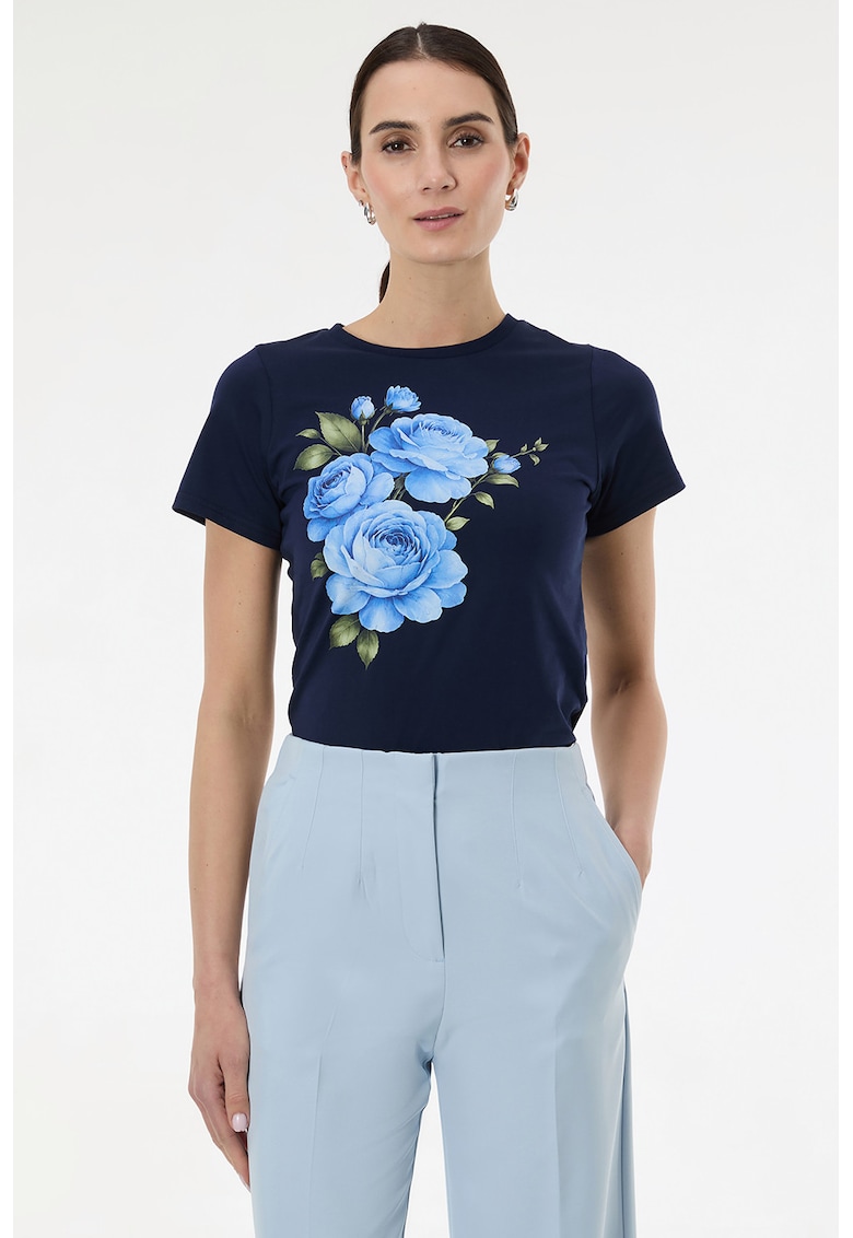 Tricou cu decolteu la baza gatului si imprimeu grafic - Albastru ultramarin