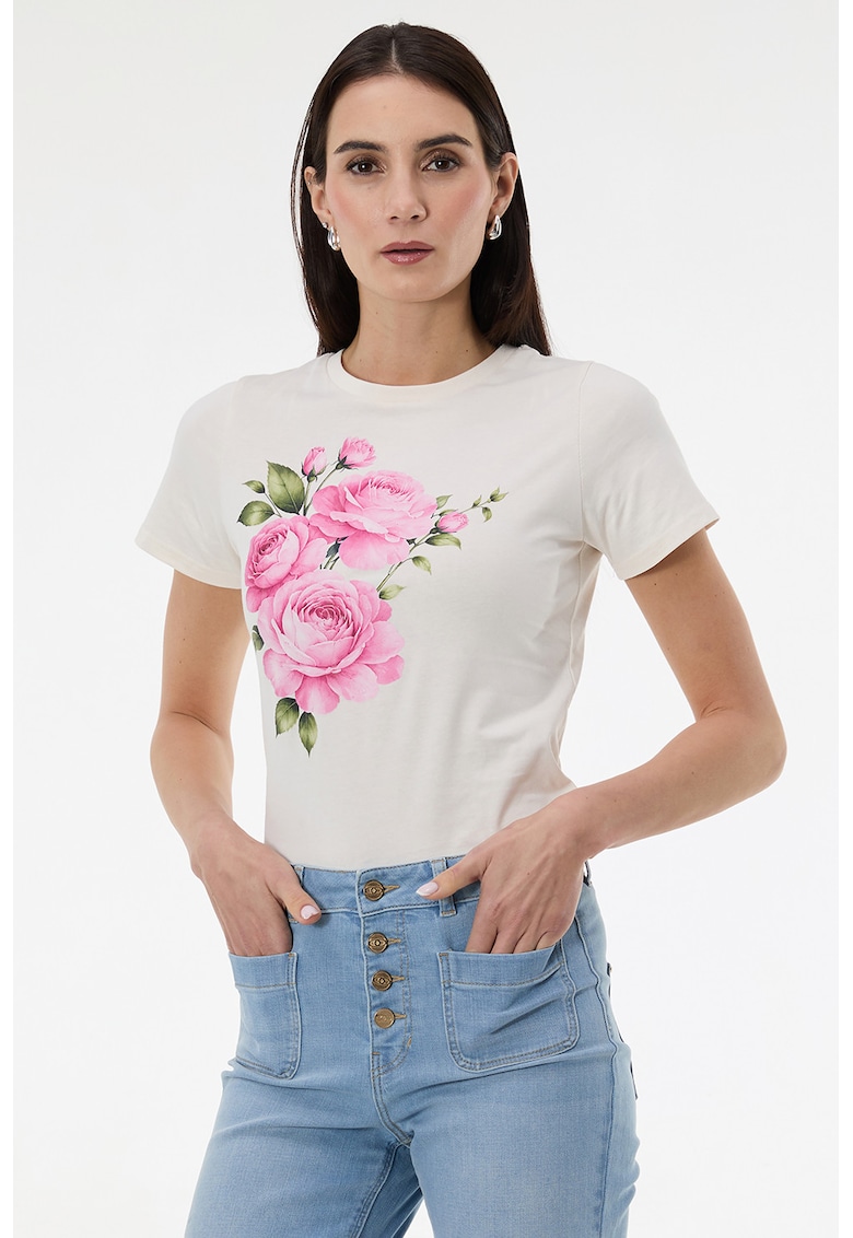 Tricou cu decolteu la baza gatului si imprimeu grafic - Alb/Roz