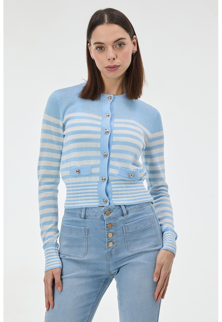 Cardigan cu model in dungi - Albastru deschis/Crem