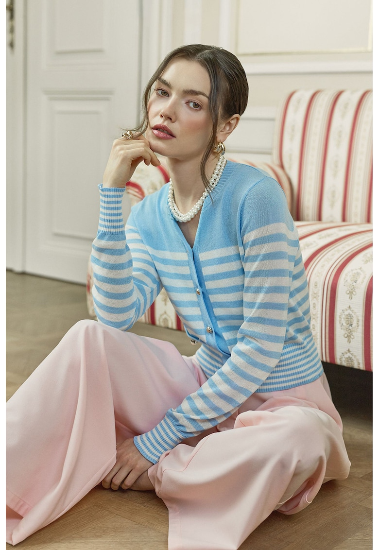 Cardigan cu model in dungi - Albastru deschis/Crem