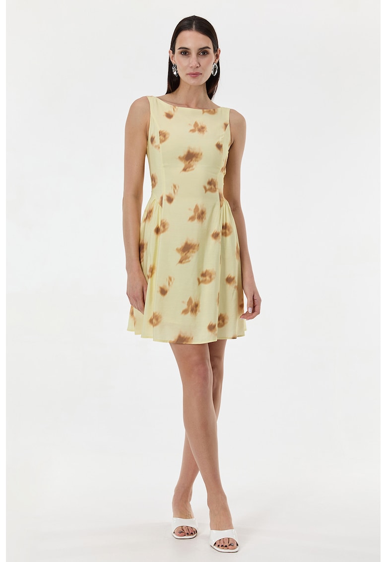 Rochie mini evazata cu imprimeu - Galben pastel