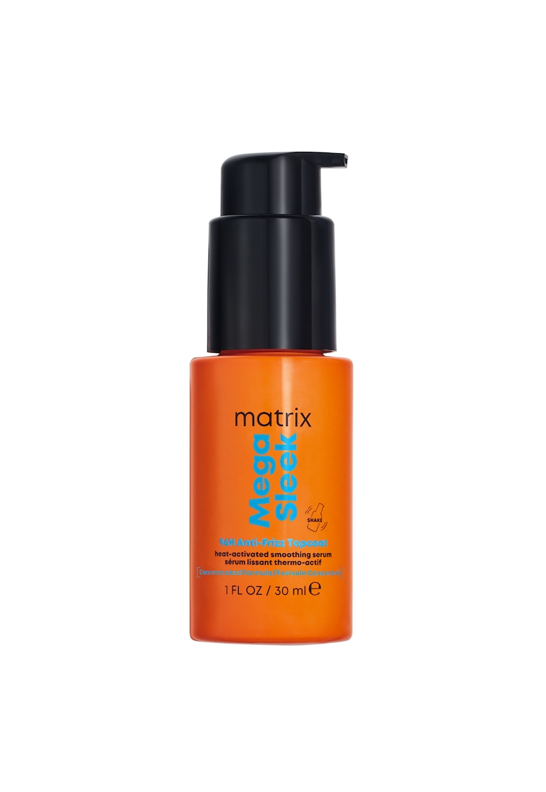 Serum concentrat pentru netezire Mega Sleek 96H Anti-Frizz Topcoat - cu actionare prin formarea unei bariere hidrofobe activate de caldura - protectie termica pana la 230°C si elimina frizz-ul timp de 96 de ore - 30 ml