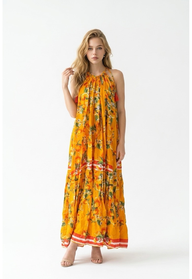 Rochie lunga de vara din bumbac cu imprimeu portocaliu cu portocale Amalfi