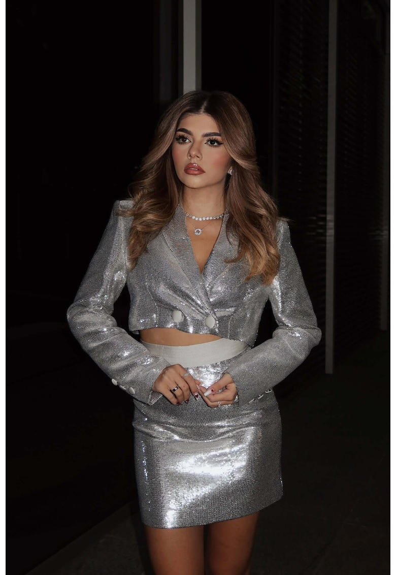 Set cu Sacou si Fusta din Paiete - Argintiu - Stellar - Gri