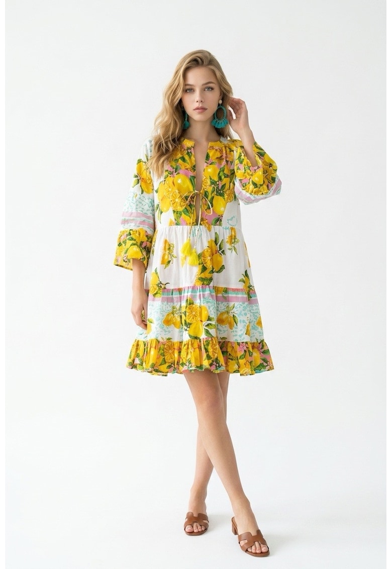 Rochie din bumbac cu imprimeu cu lamai Amalfi - Alb/Galben
