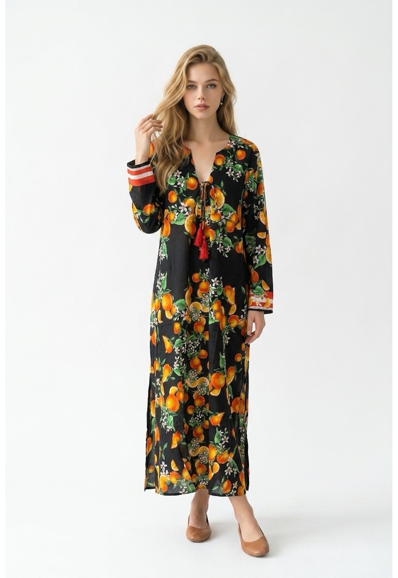 Rochie lunga de vara tip kaftan din bumbac cu imprimeu Amalfi - Negru/Portocaliu