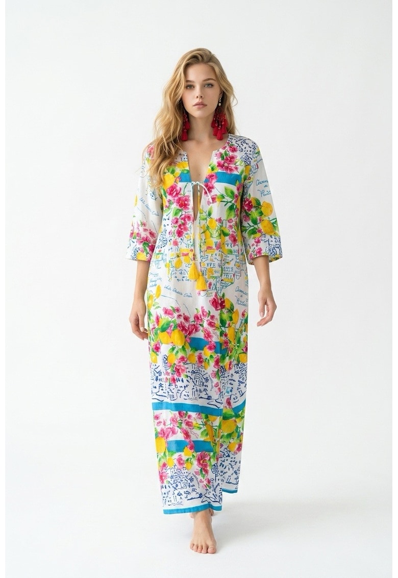 Rochie lunga de vara tip kaftan din bumbac cu imprimeu Amalfi - Alb/Galben/Turcoaz/Roz