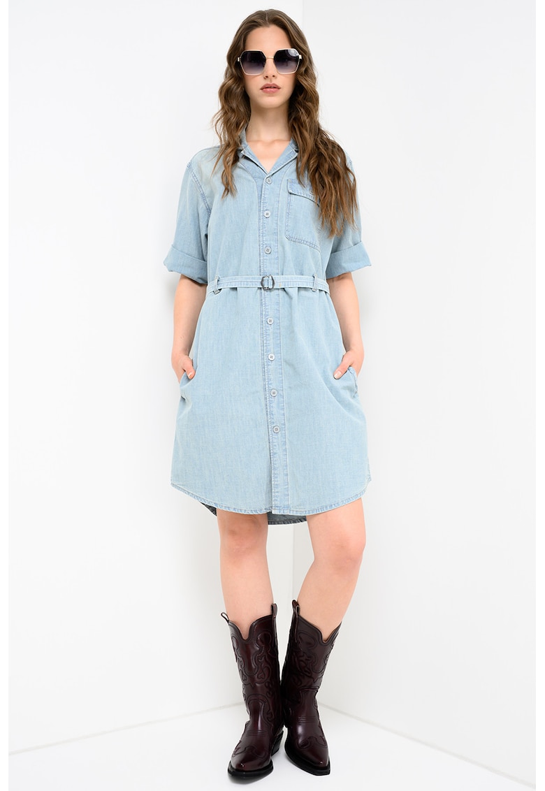 Rochie-camasa din material chambray cu o curea in talie - Albastru deschis