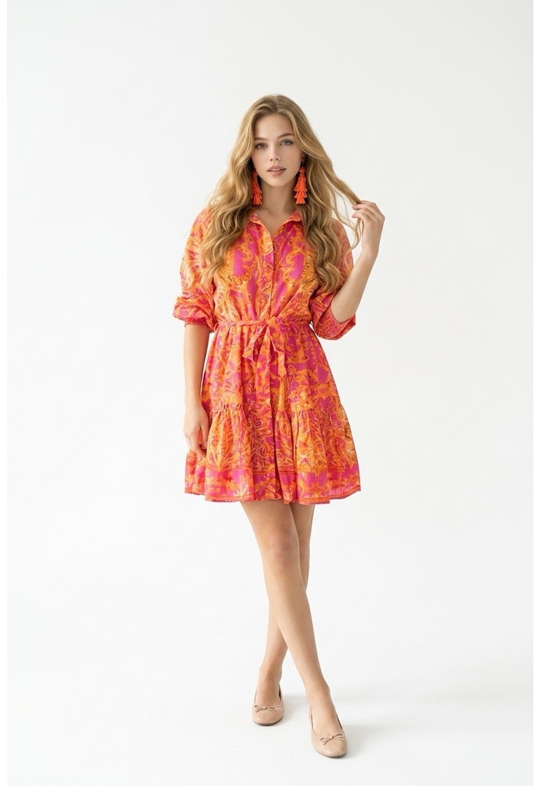 Rochie scurta de vara tip camasa din bumbac cu imprimeu Amalfi - Portocaliu/Roz